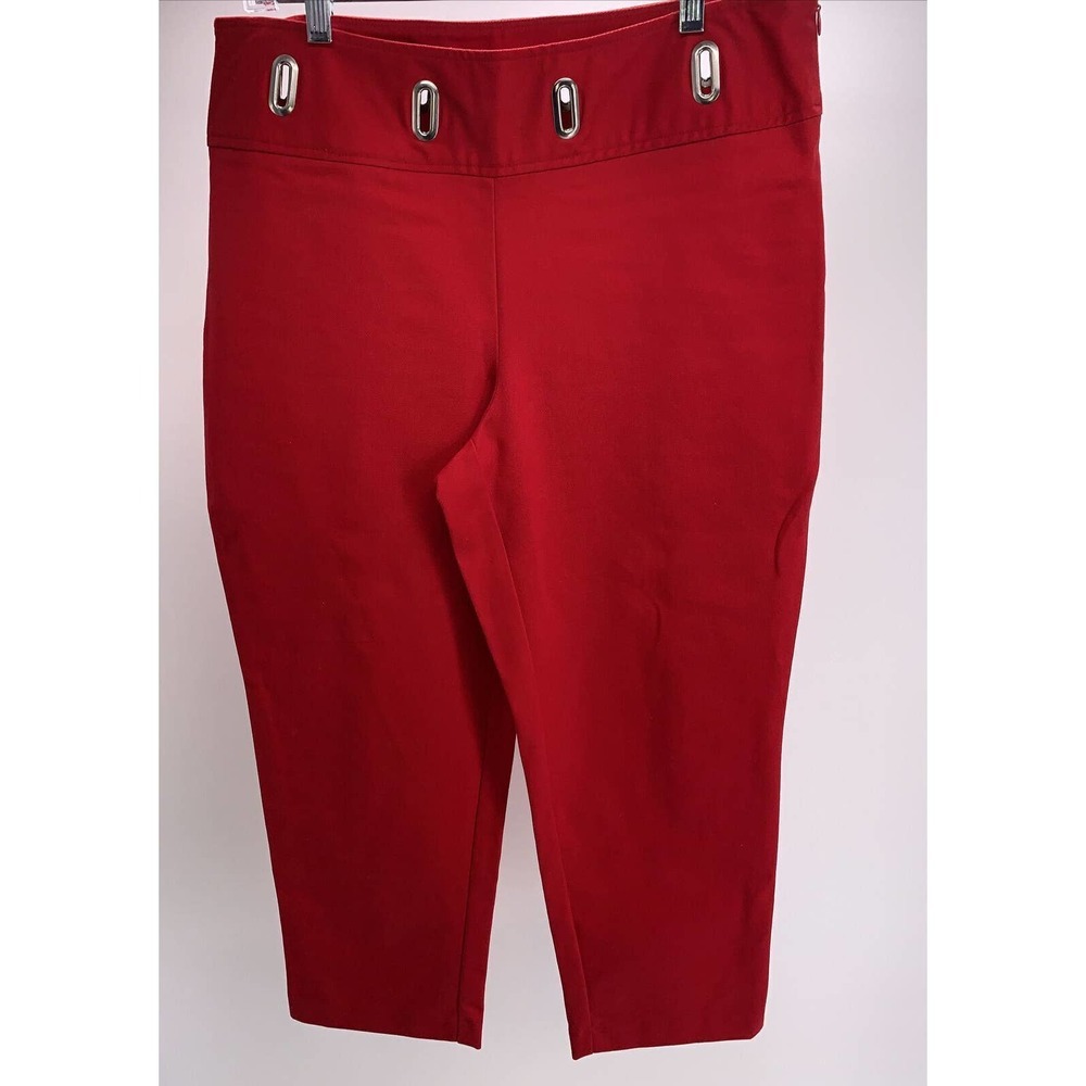 Work Order Capri Pants Red W/Silver Tone Metal Waist Detail Side Zip Size 12 EUC